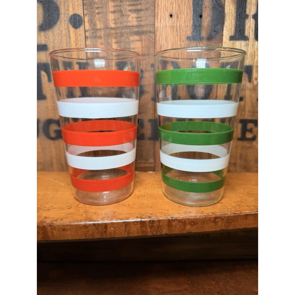 Vintage MCM Anchor Hocking Fiesta Bands Tumblers Set Of 2. Green And Orange